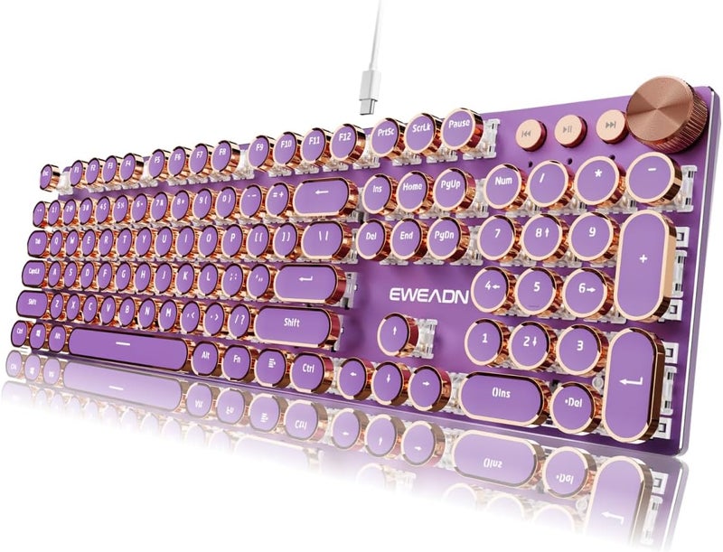 EWEADN Typewriter Style Mechanical Gaming Keyboard, Wired Mechanical Keyboards,104 Keys Backlit LED Keyboards, Media Control Knob, Wired Computer Keyboard Pink Switch for Windows/Mac/PC-Purple - Image 1