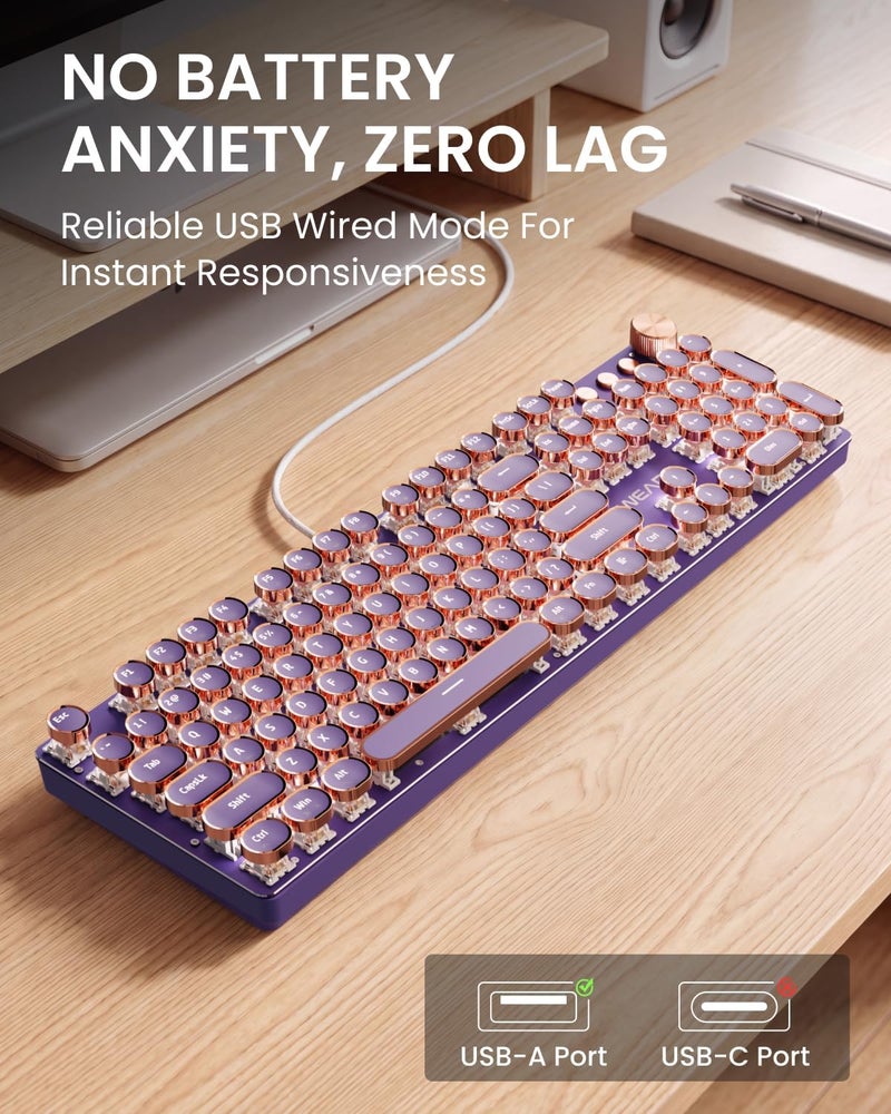 EWEADN Typewriter Style Mechanical Gaming Keyboard, Wired Mechanical Keyboards,104 Keys Backlit LED Keyboards, Media Control Knob, Wired Computer Keyboard Pink Switch for Windows/Mac/PC-Purple - Image 5