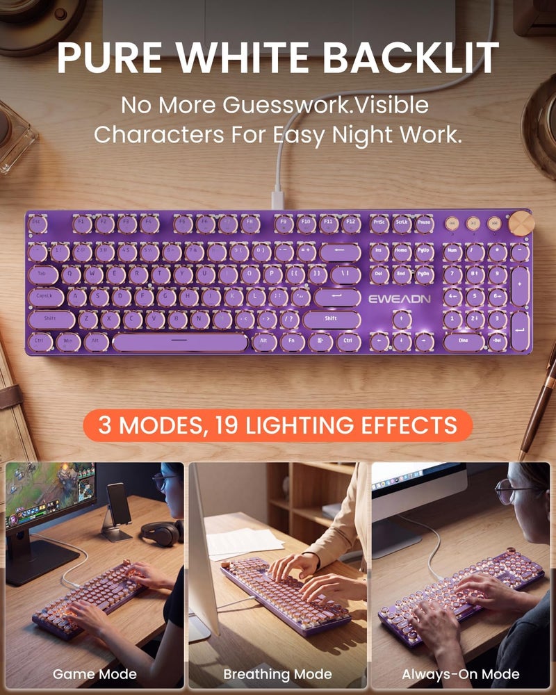 EWEADN Typewriter Style Mechanical Gaming Keyboard, Wired Mechanical Keyboards,104 Keys Backlit LED Keyboards, Media Control Knob, Wired Computer Keyboard Pink Switch for Windows/Mac/PC-Purple - Image 3