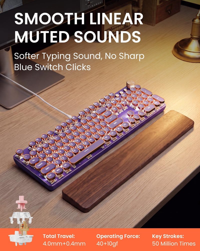 EWEADN Typewriter Style Mechanical Gaming Keyboard, Wired Mechanical Keyboards,104 Keys Backlit LED Keyboards, Media Control Knob, Wired Computer Keyboard Pink Switch for Windows/Mac/PC-Purple - Image 2