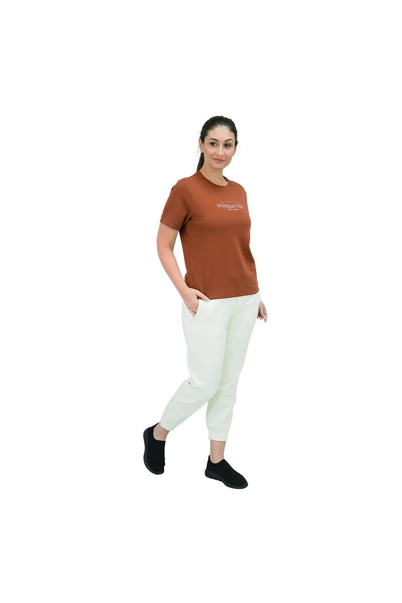 GIORDANO Brown Cotton Spandex Print Tee for Women