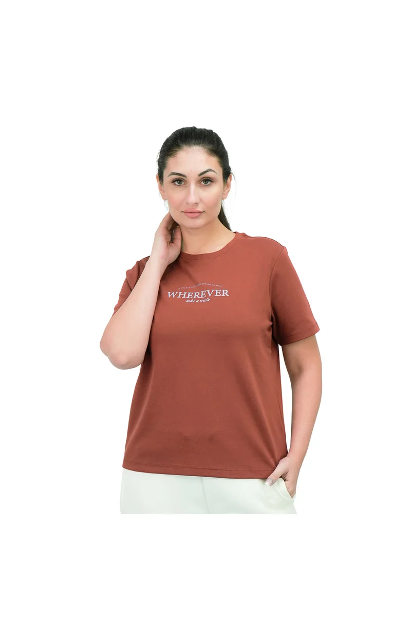 GIORDANO Brown Cotton Spandex Print Tee for Women
