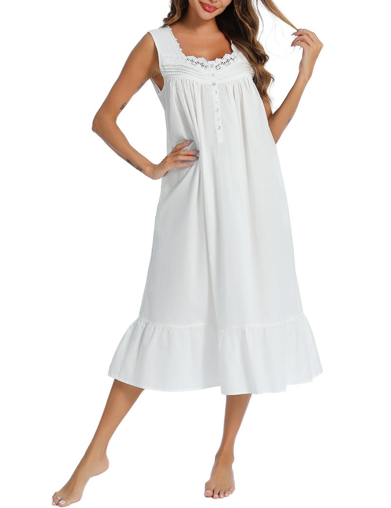 AVIIER 100% Cotton Nightgowns for Women Sleeveless Sleep Dress Ladies Gowns Sleepwear with Pockets (White, X-Large) - Image 1