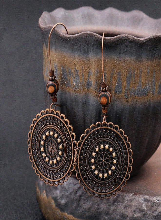 WCRAZYE Handmade Brown Ethnic Boho Earrings - Retro Geometric Round Lightweight Hollow Statement Spiral Trendy Vintage Jewelry Gifts (A - 1) - Image 4