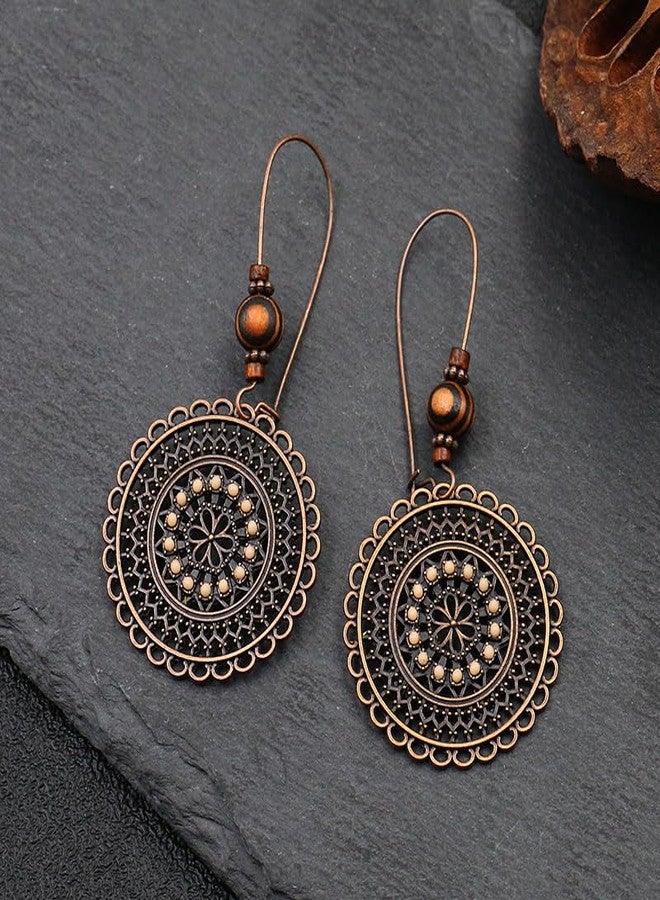WCRAZYE Handmade Brown Ethnic Boho Earrings - Retro Geometric Round Lightweight Hollow Statement Spiral Trendy Vintage Jewelry Gifts (A - 1) - Image 5