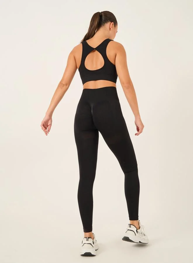 ستايلي Styli Seamless Back Teardrop Cut Out Sports Bra and Jacquard Leggings Set