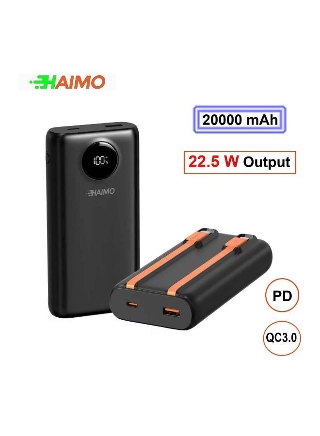 Haimo Power Bank 20000mAh 22.5W Fast Charging Power Bank with 2 Built-in Cables Supports All Android Phones and iPhone 12/13/14/15/16 and iPhone 17 All Series-black - Image 1