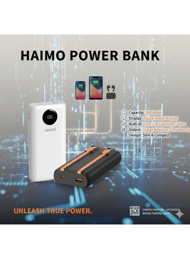 Haimo Power Bank 20000mAh 22.5W Fast Charging Power Bank with 2 Built-in Cables Supports All Android Phones and iPhone 12/13/14/15/16 and iPhone 17 All Series-black - Image 3