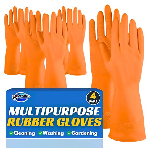 F8WARES 4PK Heavy Duty Hand Gloves - Rubber gloves for cleaning - Gloves for Washing Utensils - Gardening Gloves - Dish Washing Gloves - Suitable for Industrial Bathroom Toilet Use (Large, Orange) - Image 1