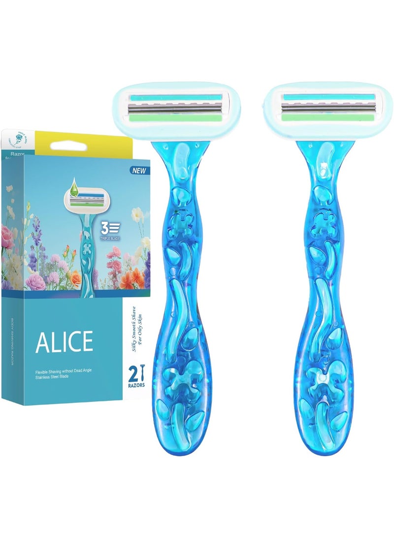 Alice Razor for Women – Set of 2 Body Shavers – Triple Stainless Blades, Flexible Head – Baby Blue – For Oily Skin - Image 1