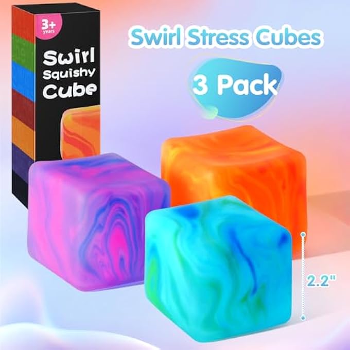 TMHAI Swirl Stress Cube Squishy Toys, 3 Pack Super Solid Fidget Squeeze Square for Kids Teens Adults, High Density Malt Sugar Filled, Slow Rising Sensory Toys for Anxiety Stress Relief ADHD - Image 2