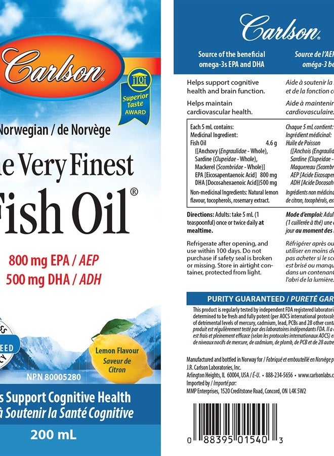 Carlson أفضل زيت سمك، 1600 ملغ أوميغا-3، مكمل زيت سمك سائل، زيت سمك نرويجي، سمك مصطاد من البرية، زيت سمك سائل مستدام المصدر، ليمون، 200 مل، 6.7 أونصة سائلة - Image 2