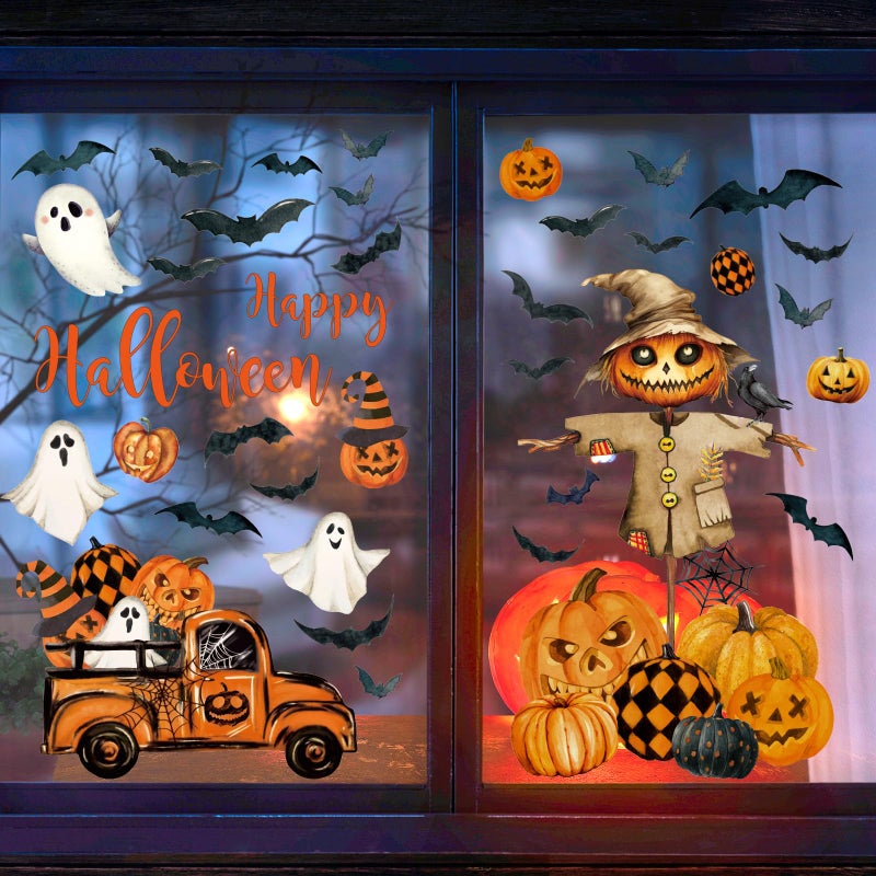 Whaline 6 Sheet Halloween Window Clings Black Orange Evil Scarecrow Pumpkin Truck Reusable Window Decals for Home Office School Glass Decor - Image 3