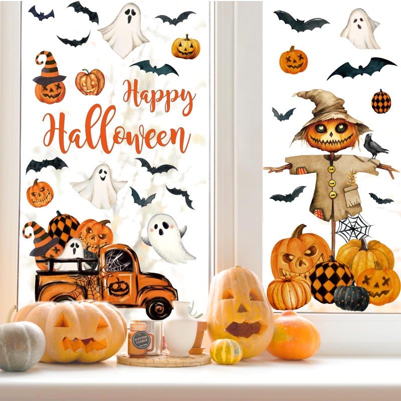 Whaline 6 Sheet Halloween Window Clings Black Orange Evil Scarecrow Pumpkin Truck Reusable Window Decals for Home Office School Glass Decor - Image 2