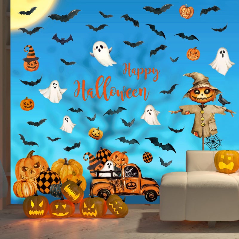 Whaline 6 Sheet Halloween Window Clings Black Orange Evil Scarecrow Pumpkin Truck Reusable Window Decals for Home Office School Glass Decor - Image 5