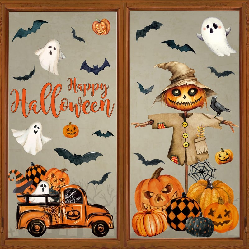 Whaline 6 Sheet Halloween Window Clings Black Orange Evil Scarecrow Pumpkin Truck Reusable Window Decals for Home Office School Glass Decor - Image 1