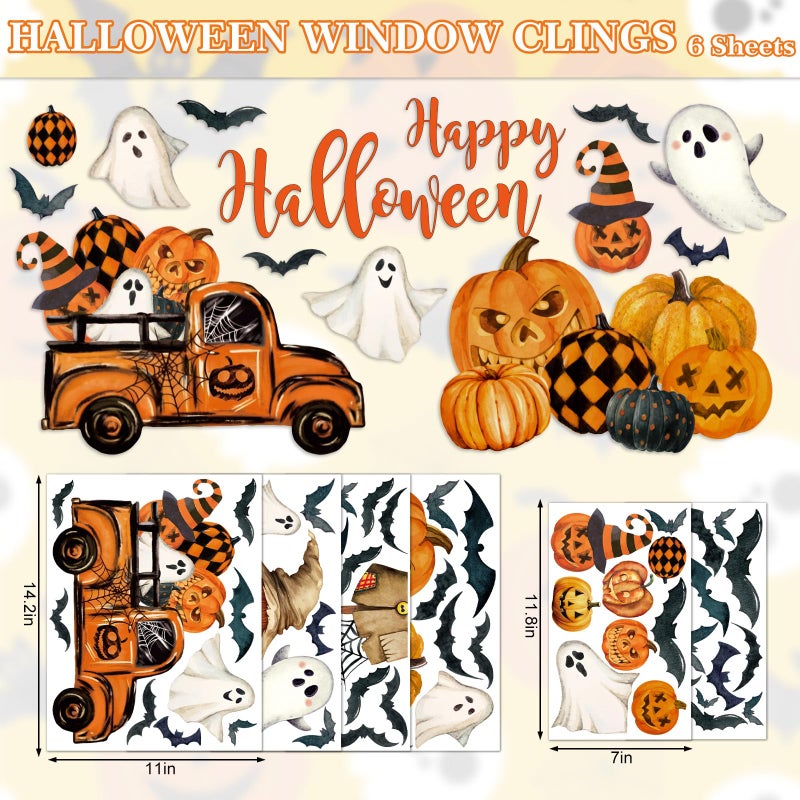 Whaline 6 Sheet Halloween Window Clings Black Orange Evil Scarecrow Pumpkin Truck Reusable Window Decals for Home Office School Glass Decor - Image 4