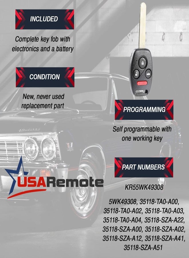 USARemote Replacement 4-Button Remote Car Key Fob Insert for Honda Accord 2008 2009 2010 2011 2012 KR55WK49308 (1 Pack) - Image 3