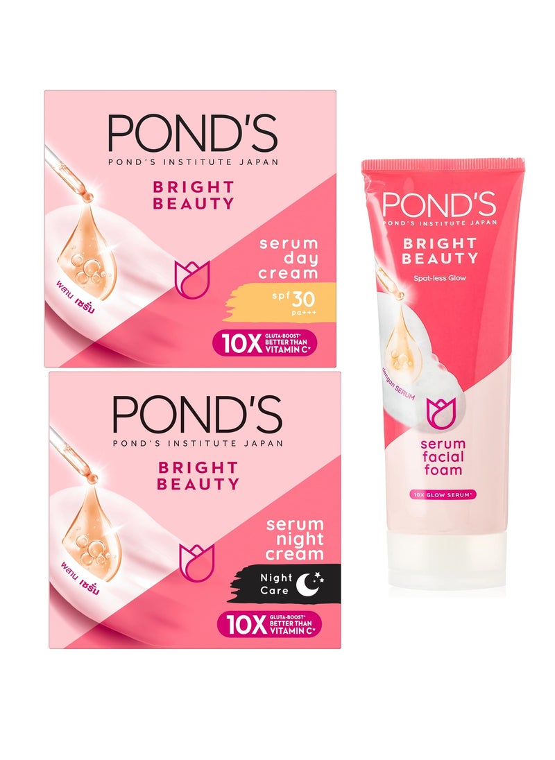 Pond's - Bright Beauty Essentials Serum Whip Facial Foam 50g Brightening Day Cream 50g and Night Cream 50g for Brighter Nourished skin Pack of 3 - Image 1