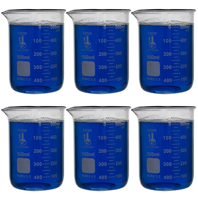Karter Scientific 500ml Beaker, Low Form Griffin, Borosilicate 3.3 Glass, Double Scale, Graduated, Karter Scientific 213D18 (Pack of 6) - Image 1