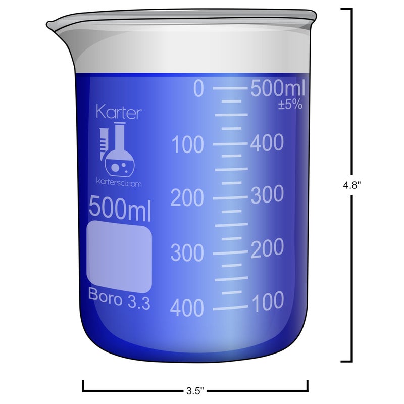 Karter Scientific 500ml Beaker, Low Form Griffin, Borosilicate 3.3 Glass, Double Scale, Graduated, Karter Scientific 213D18 (Pack of 6) - Image 3