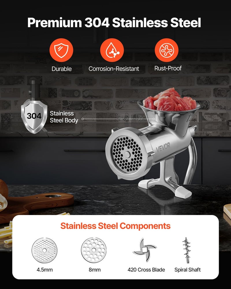 VEVOR Manual Meat Grinder, 304 Stainless Steel Meat Grinder with Steel Table Clamp, #12 Meat Mincer Sausage Maker & 2 Cutting Plates, Cookie Attachment, Sausage Tube for Beef Pepper Mushroom Cookie - Image 5