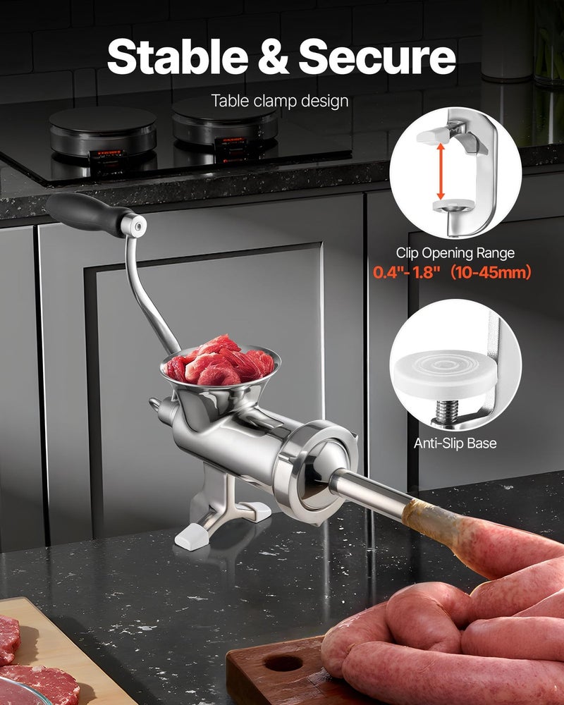 VEVOR Manual Meat Grinder, 304 Stainless Steel Meat Grinder with Steel Table Clamp, #12 Meat Mincer Sausage Maker & 2 Cutting Plates, Cookie Attachment, Sausage Tube for Beef Pepper Mushroom Cookie - Image 2