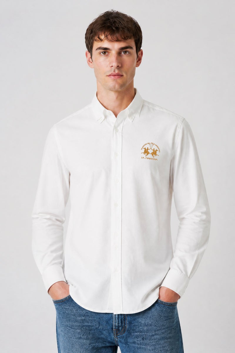 La Martina Men Slim Fit Embroidered Logo Long Sleeve Casual Shirt, White - Image 1