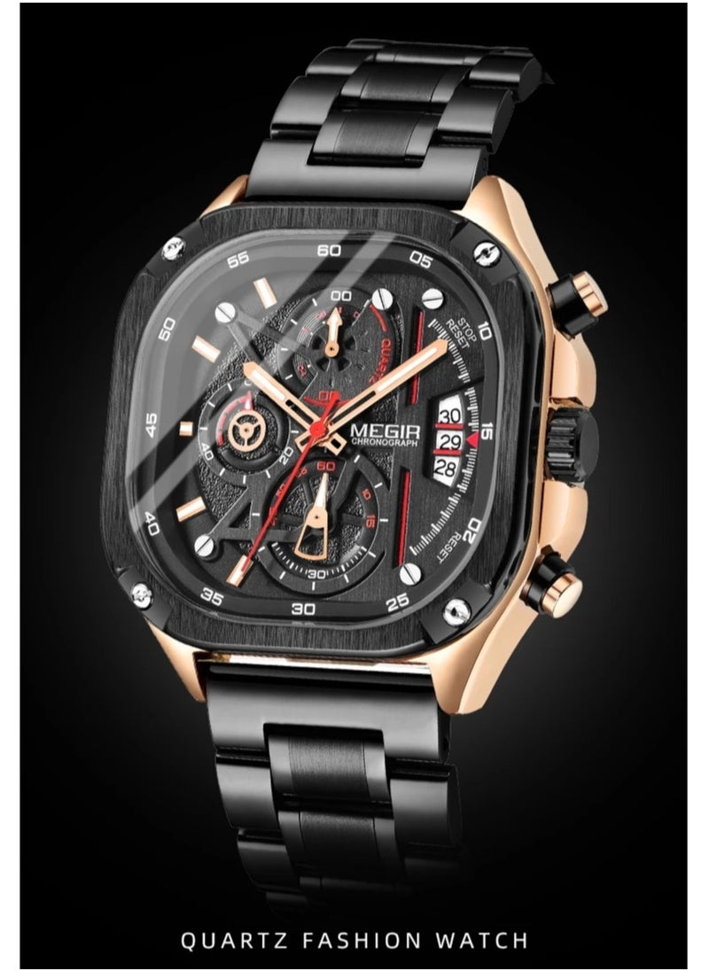 MEGIR - MEGIR Quartz Watch Men Square Dial Waterproof Stainless Steel Strap Luminous Hands Auto Date Wristwatches - Image 1