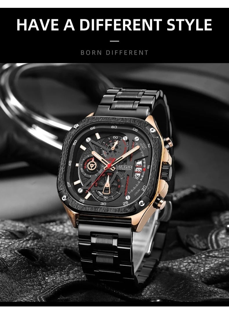 MEGIR - MEGIR Quartz Watch Men Square Dial Waterproof Stainless Steel Strap Luminous Hands Auto Date Wristwatches - Image 1