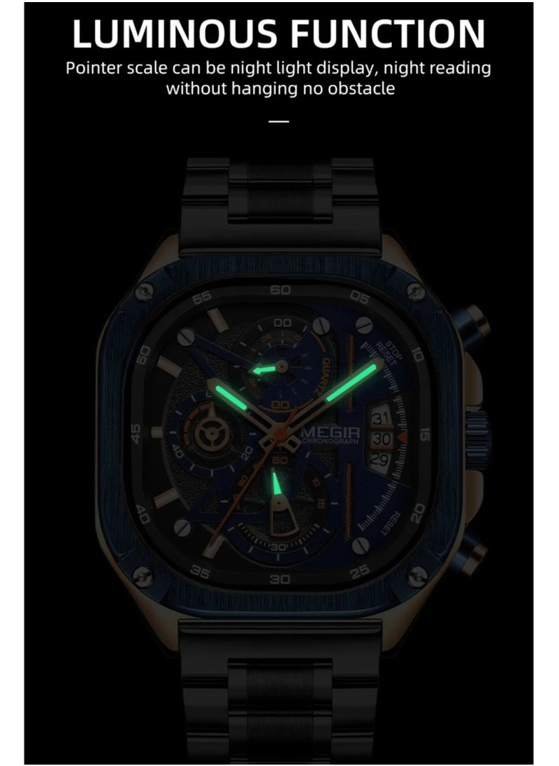 MEGIR - MEGIR Quartz Watch Men Square Dial Waterproof Stainless Steel Strap Luminous Hands Auto Date Wristwatches - Image 1