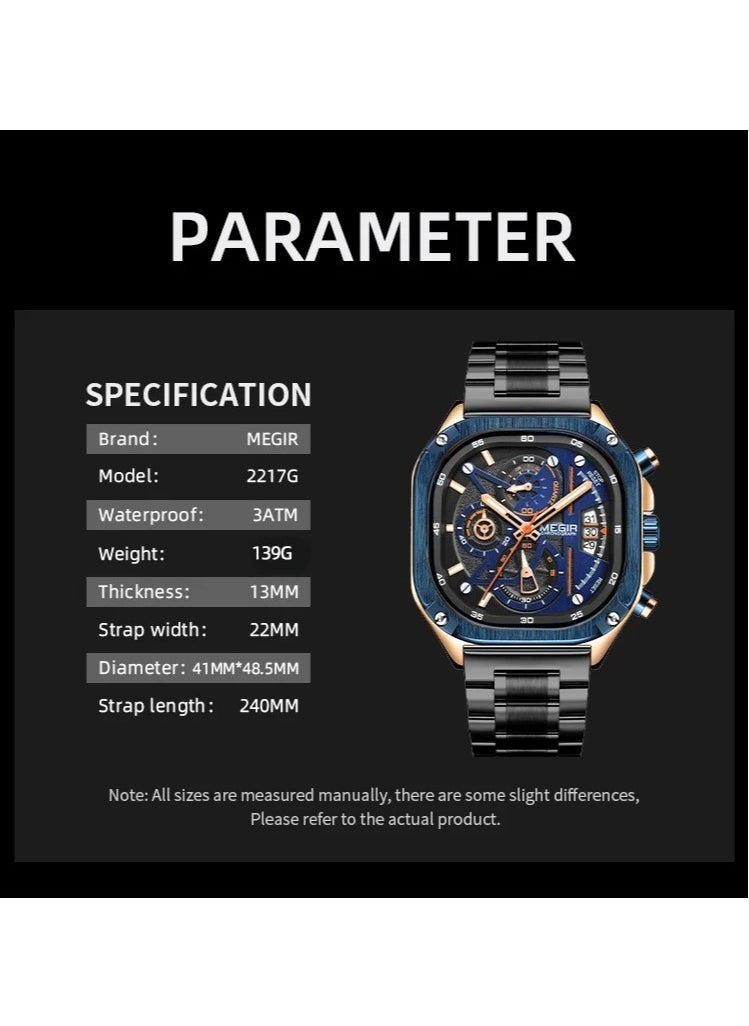 MEGIR - MEGIR Quartz Watch Men Square Dial Waterproof Stainless Steel Strap Luminous Hands Auto Date Wristwatches - Image 1
