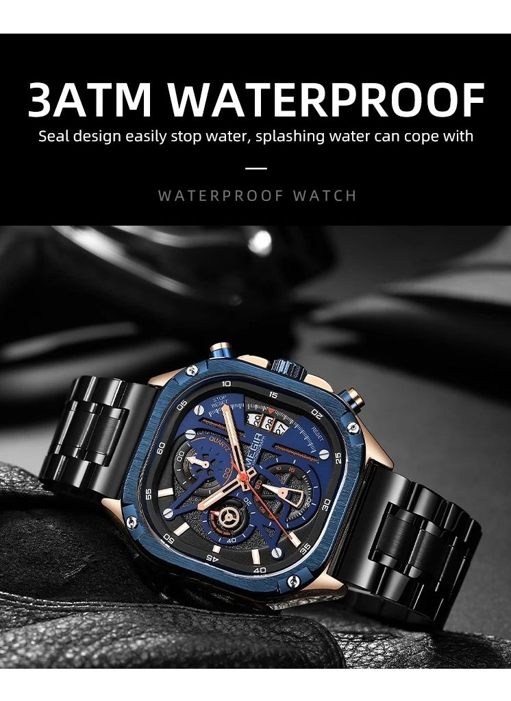 MEGIR - MEGIR Quartz Watch Men Square Dial Waterproof Stainless Steel Strap Luminous Hands Auto Date Wristwatches - Image 1