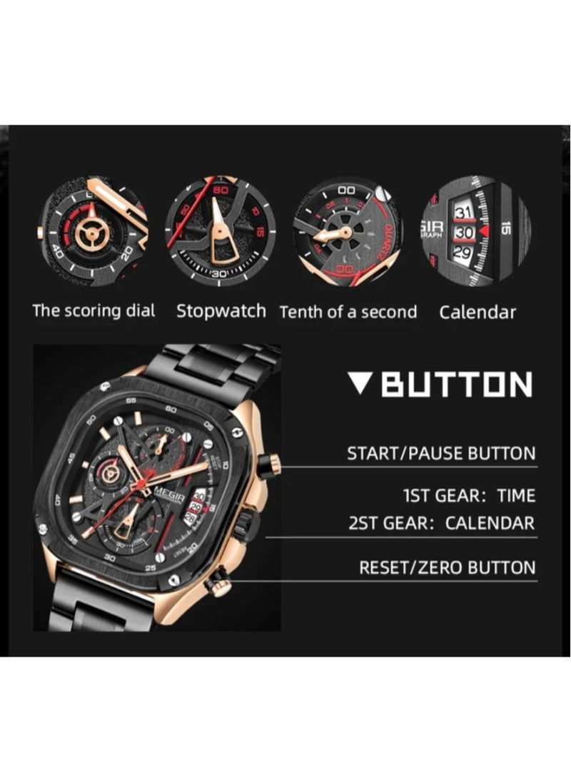MEGIR - MEGIR Quartz Watch Men Square Dial Waterproof Stainless Steel Strap Luminous Hands Auto Date Wristwatches - Image 1