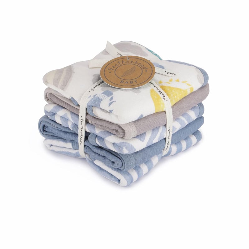 Featherhead 5Pack Muslin Burp Cloths for Baby Boy Large 22 X 11  Ultra Soft  Extra Absorbent Cotton Terry Backing Blue Balloons - Image 3