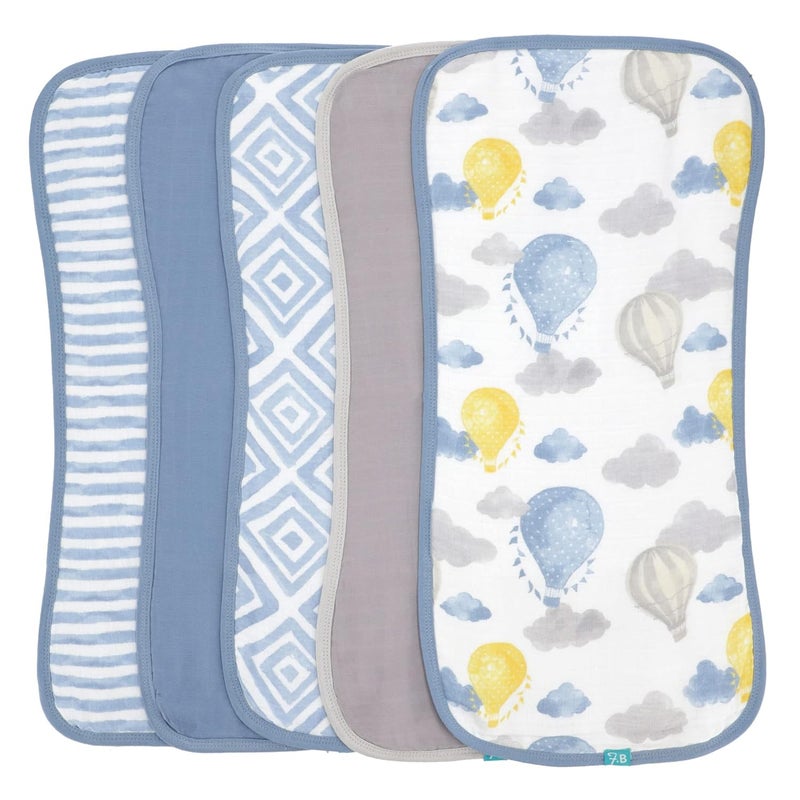 Featherhead 5Pack Muslin Burp Cloths for Baby Boy Large 22 X 11  Ultra Soft  Extra Absorbent Cotton Terry Backing Blue Balloons - Image 1