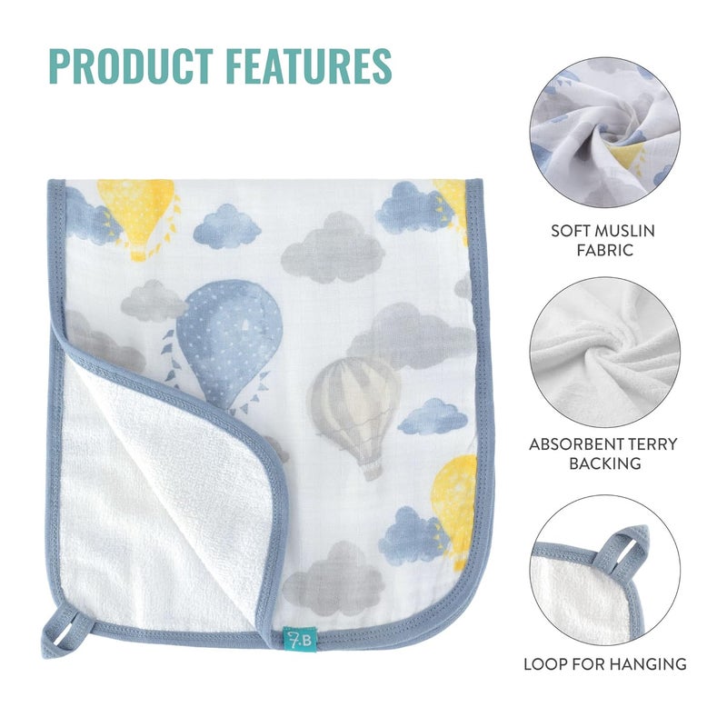 Featherhead 5Pack Muslin Burp Cloths for Baby Boy Large 22 X 11  Ultra Soft  Extra Absorbent Cotton Terry Backing Blue Balloons - Image 5