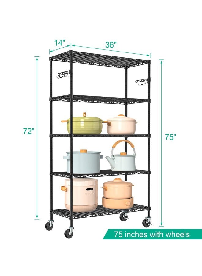Folews 5 Tier Storage Shelves with Wheels - Metal Shelves for Storage Adjustable Wire Shelving Unit Organizer Storage Rack Shelf for Kitchen Garage Pantry Closet Laundry(14D x 36W x 75H) - Image 5