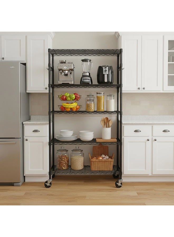 Folews 5 Tier Storage Shelves with Wheels - Metal Shelves for Storage Adjustable Wire Shelving Unit Organizer Storage Rack Shelf for Kitchen Garage Pantry Closet Laundry(14D x 36W x 75H) - Image 2