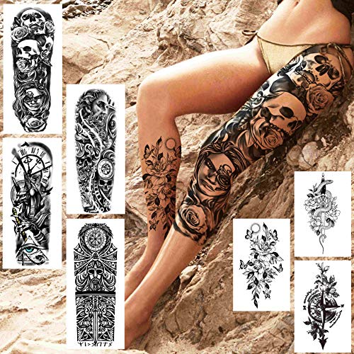 COKTAK 21 Sheets Extra Large Black Temporary Tattoos For Women Adults Greek Myth With 8 Sheets Full Arm Sleeve For Men Maori Warrior Compass and 13 Sheets Fake Large 3D Tatoo Stickers - Image 4