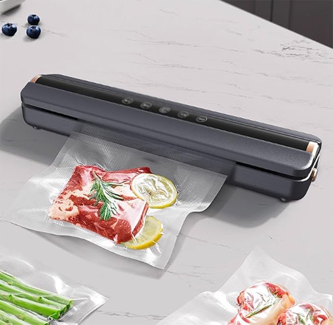 AUTOMATIC WIRELESS GREY FOOD VACUUM SEALER MACHINE 4 IN 1 FUNCTIONALITY FOR DRY WET FOOD PRESERVATION RECHARGEABLE BATTERY LED TOUCH SCREEN INBUILT CUTTER INCLUDES 10 SEALER BAGS