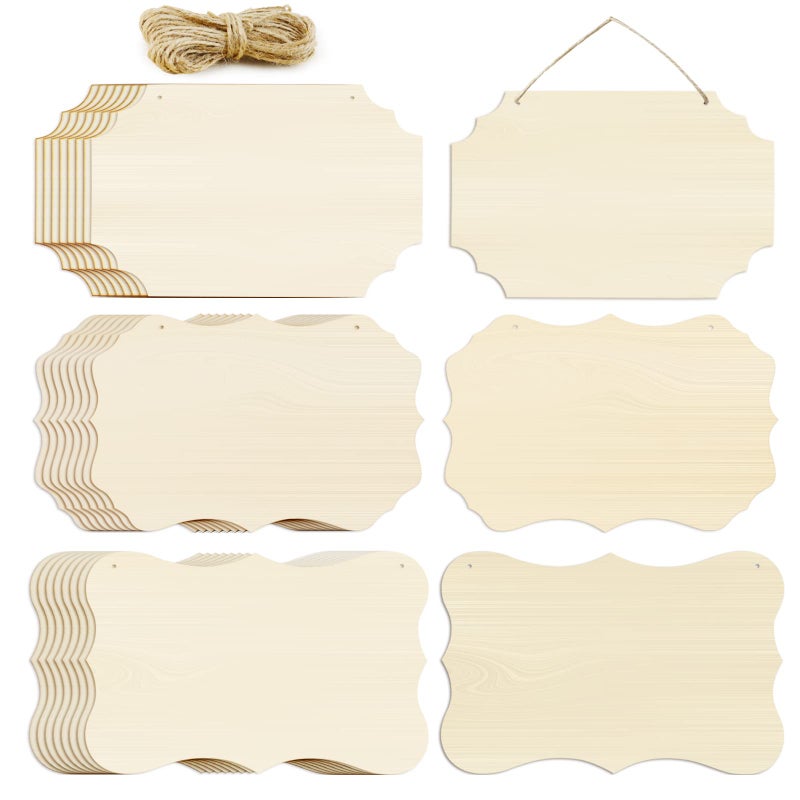 FSWCCK 24 Pieces Unfinished Hanging Wood Sign Blank with Ropes Rectangle Blank Wood Sign Plain Hanging Craft Door Signs Wall Art Farmhouse Wooden Sign for Door Wall Art Decoration 3 Style