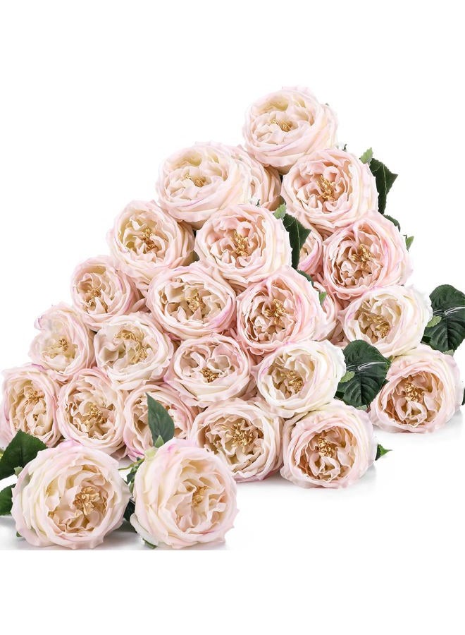 Giegxin 20 Pcs Real Touch Peonies Austin Roses Artificial Flowers, Faux Look Real Long Stems Fake Flower with Big Blooms for Christmas Valentines Wedding Party DIY Arrangement Home Decor(Light Pink) - Image 1
