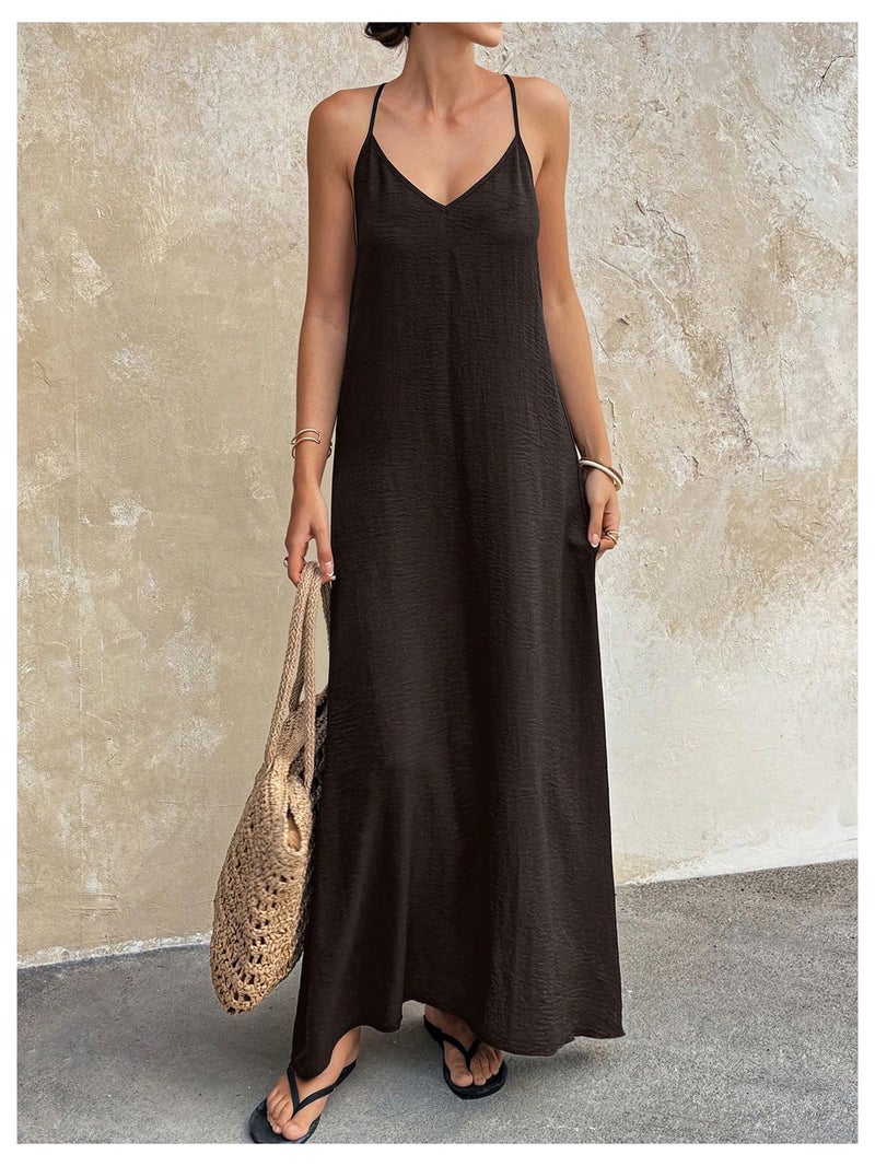 Verdusa Women's Backless Cami Dress Long Maxi Flowy Linen Dresses Summer Vacation Beach Outfits Sun Dress Brown Medium - Image 2