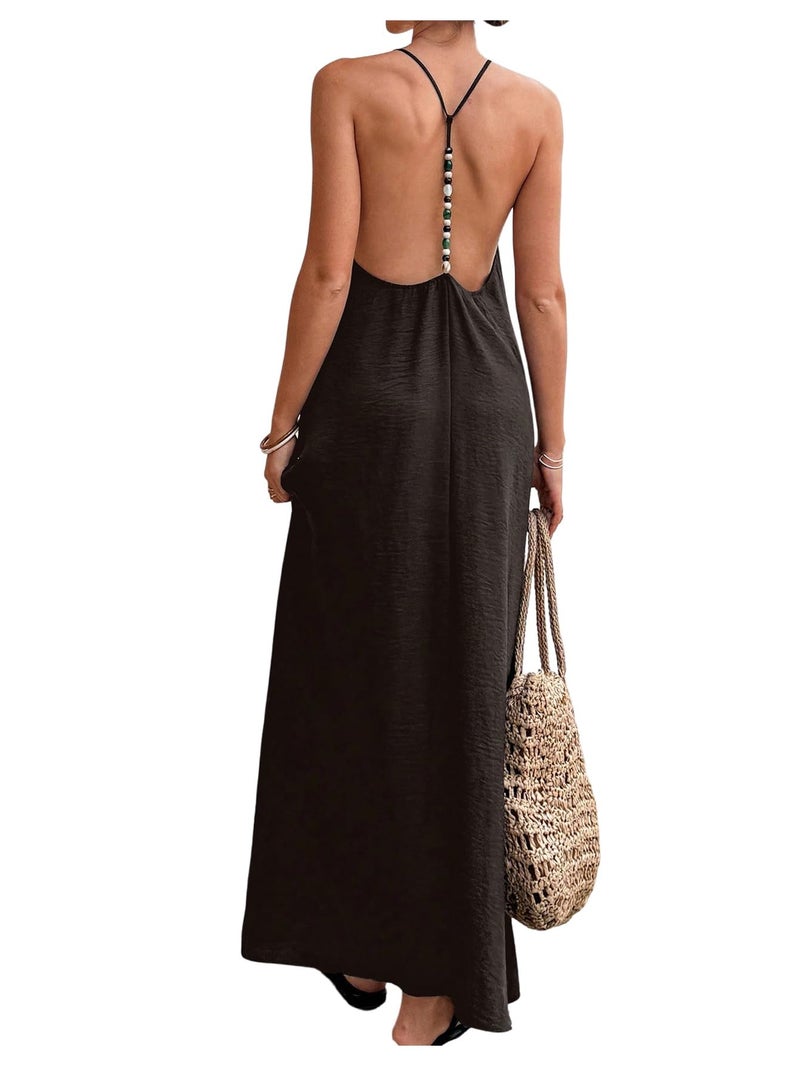 Verdusa Women's Backless Cami Dress Long Maxi Flowy Linen Dresses Summer Vacation Beach Outfits Sun Dress Brown Medium - Image 1