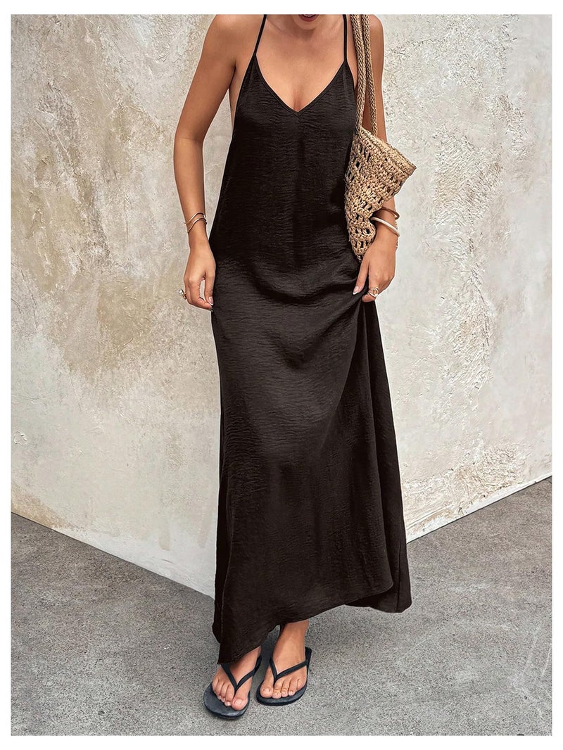 Verdusa Women's Backless Cami Dress Long Maxi Flowy Linen Dresses Summer Vacation Beach Outfits Sun Dress Brown Medium - Image 3