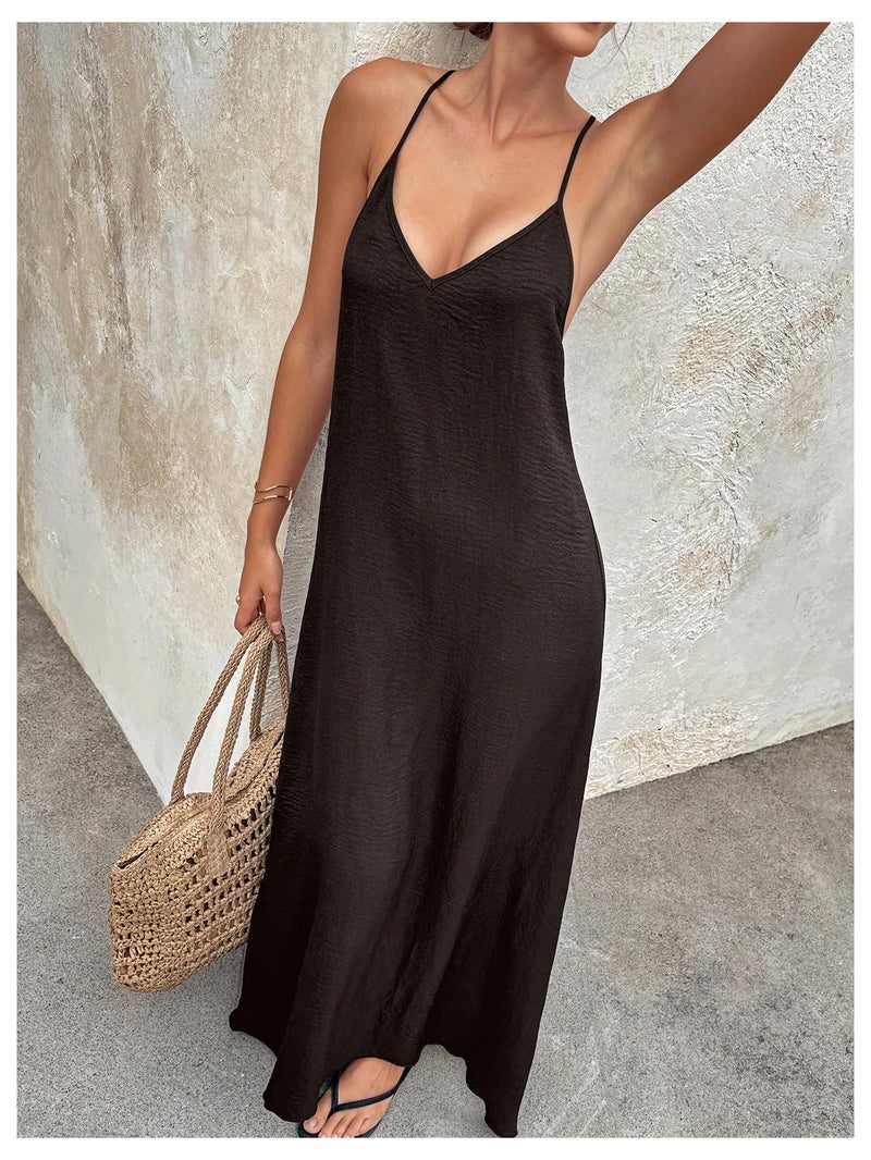 Verdusa Women's Backless Cami Dress Long Maxi Flowy Linen Dresses Summer Vacation Beach Outfits Sun Dress Brown Medium - Image 4