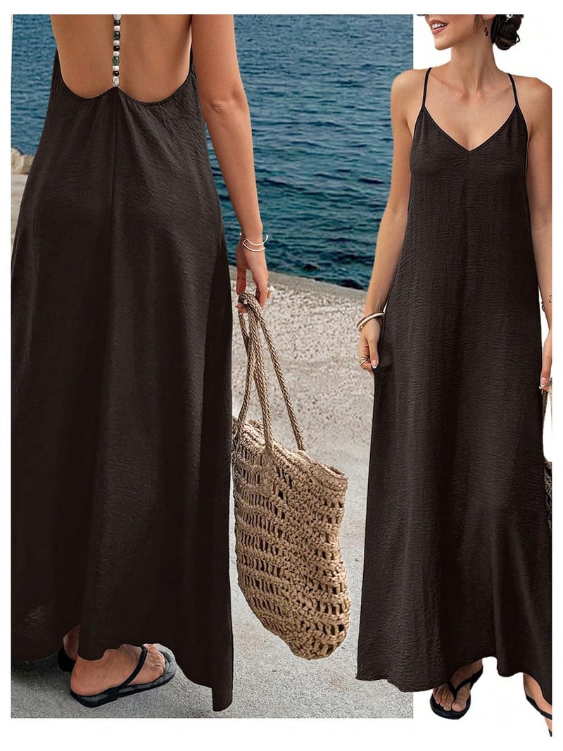 Verdusa Women's Backless Cami Dress Long Maxi Flowy Linen Dresses Summer Vacation Beach Outfits Sun Dress Brown Medium - Image 5