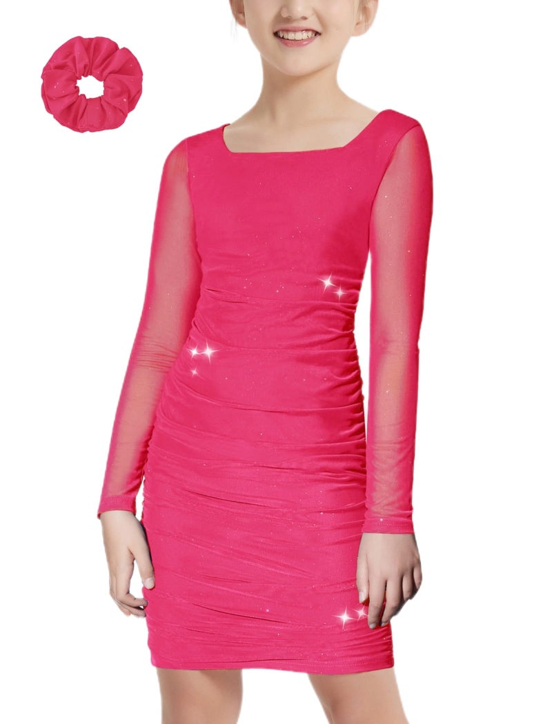 EXARUS Girls Formal Long Sleeve/Spaghetti Strap Dress Teen Party Dance Tween Juniors Tight Cute Bodycon Short Dresses, Long Sleeve Hot Pink Sparkly Flake, 10 Years - Image 1
