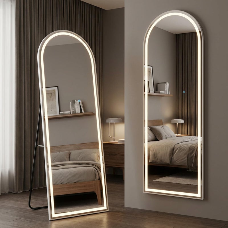Alpen Full Length Mirror with LED Lights, 63" x 21" Arched Floor Mirror with Dimming & 3 Color Lighting, LED Body Mirrors for Home Decor, Tall Arch Aluminum Frame Mirrors for Bedroom Cloakroom - Image 1